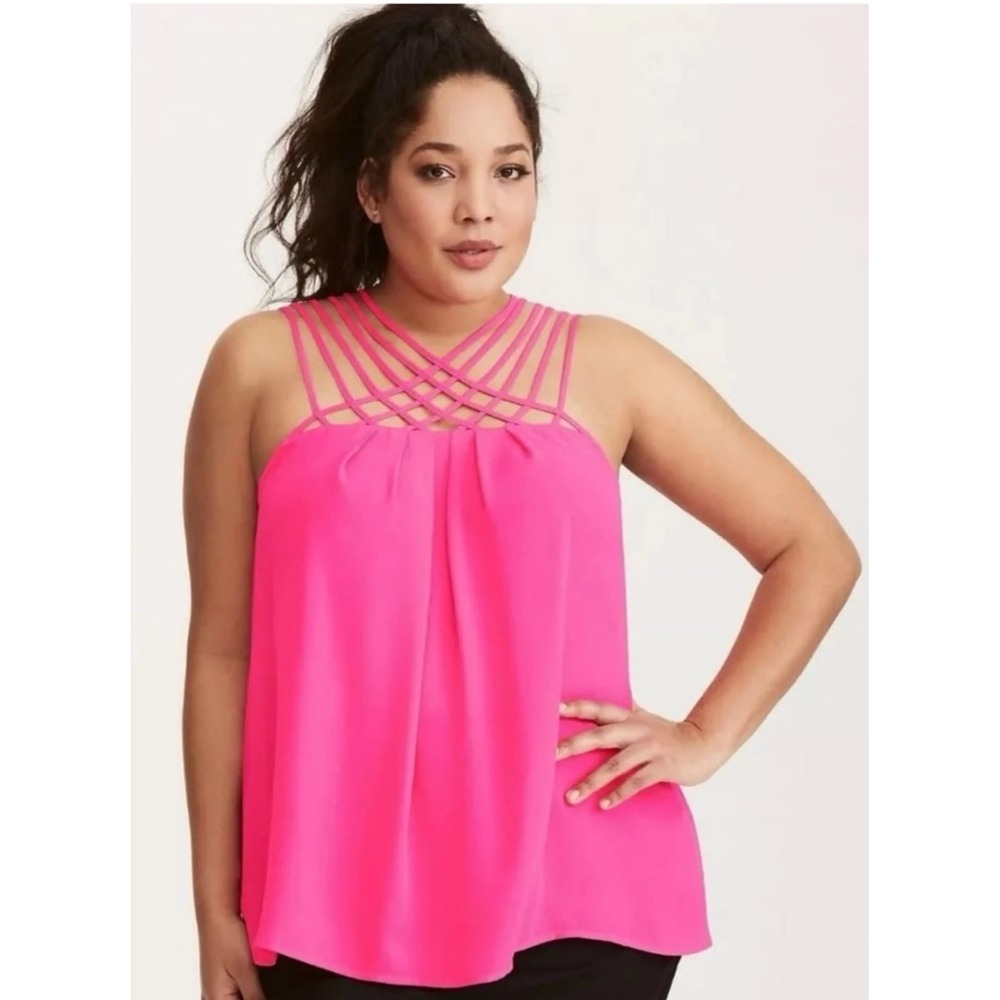 Torrid Hot Pink Lattice Strappy Neck Georgette Cami Top Size 2 2X
